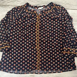 JJill Navy Gold and Orange Patterned Blouse with detailed piping. Size Medium